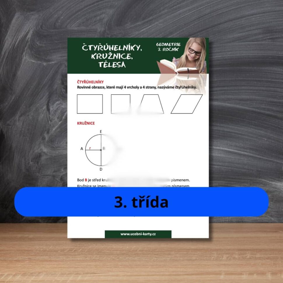 Karta s učivem čtyřúhelník kružnice tělesa