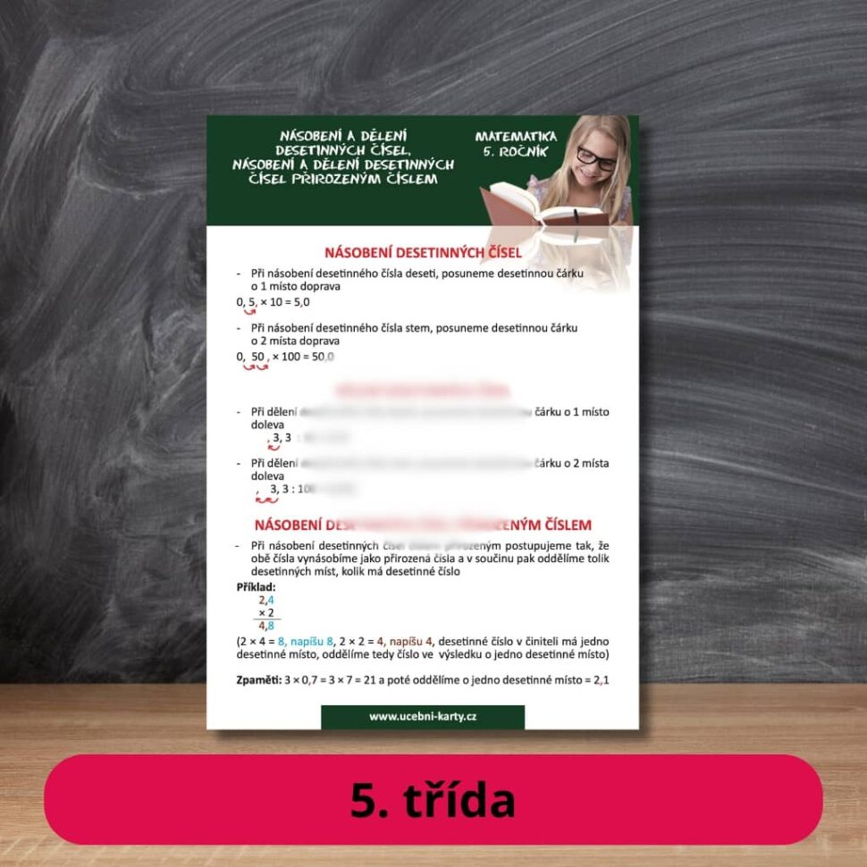 Karta s učivem dělení desetinných čísel