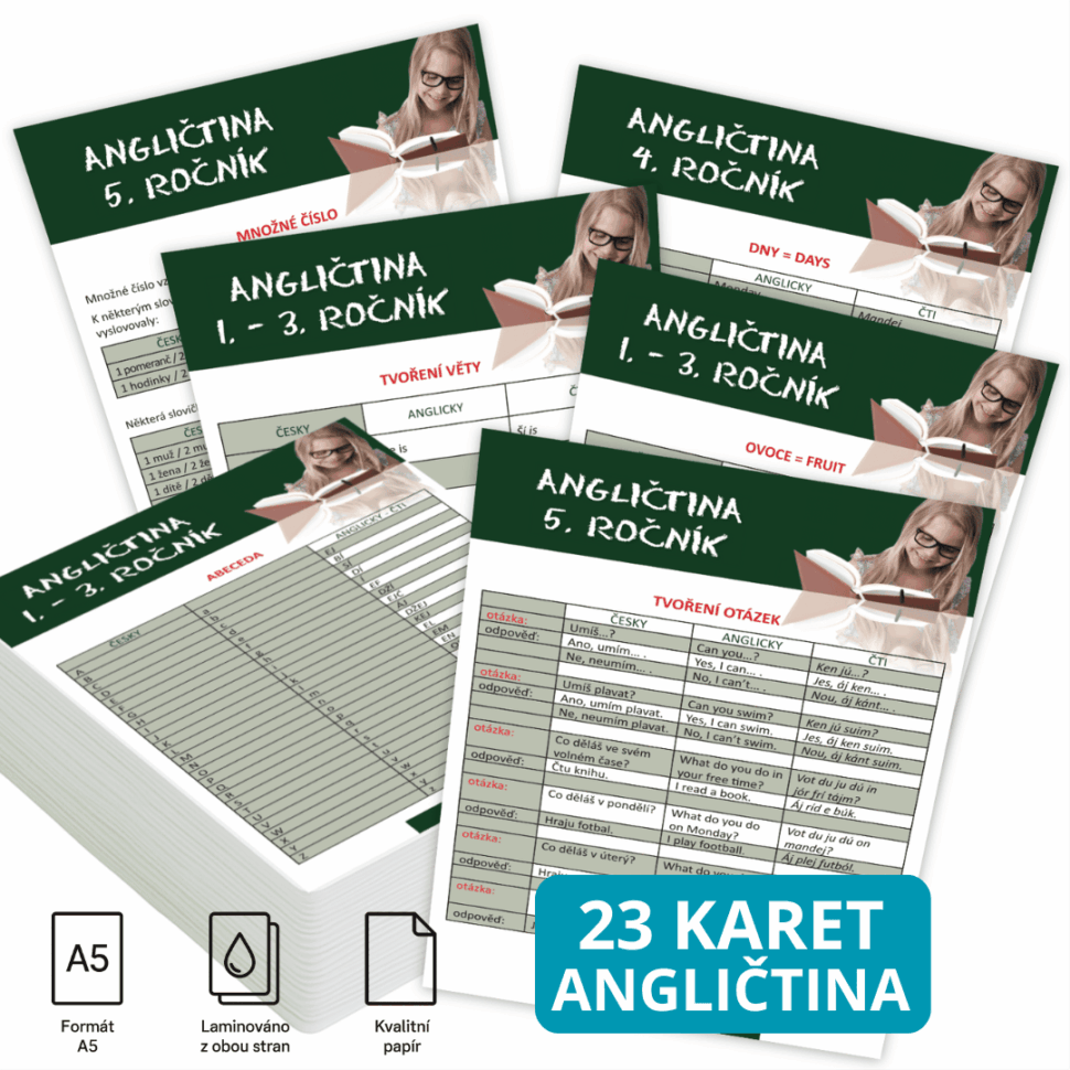 Učební karty Anglický jazyk – balíček 23 karet pro 1.–5. třídu a pět volných kartiček s učivem