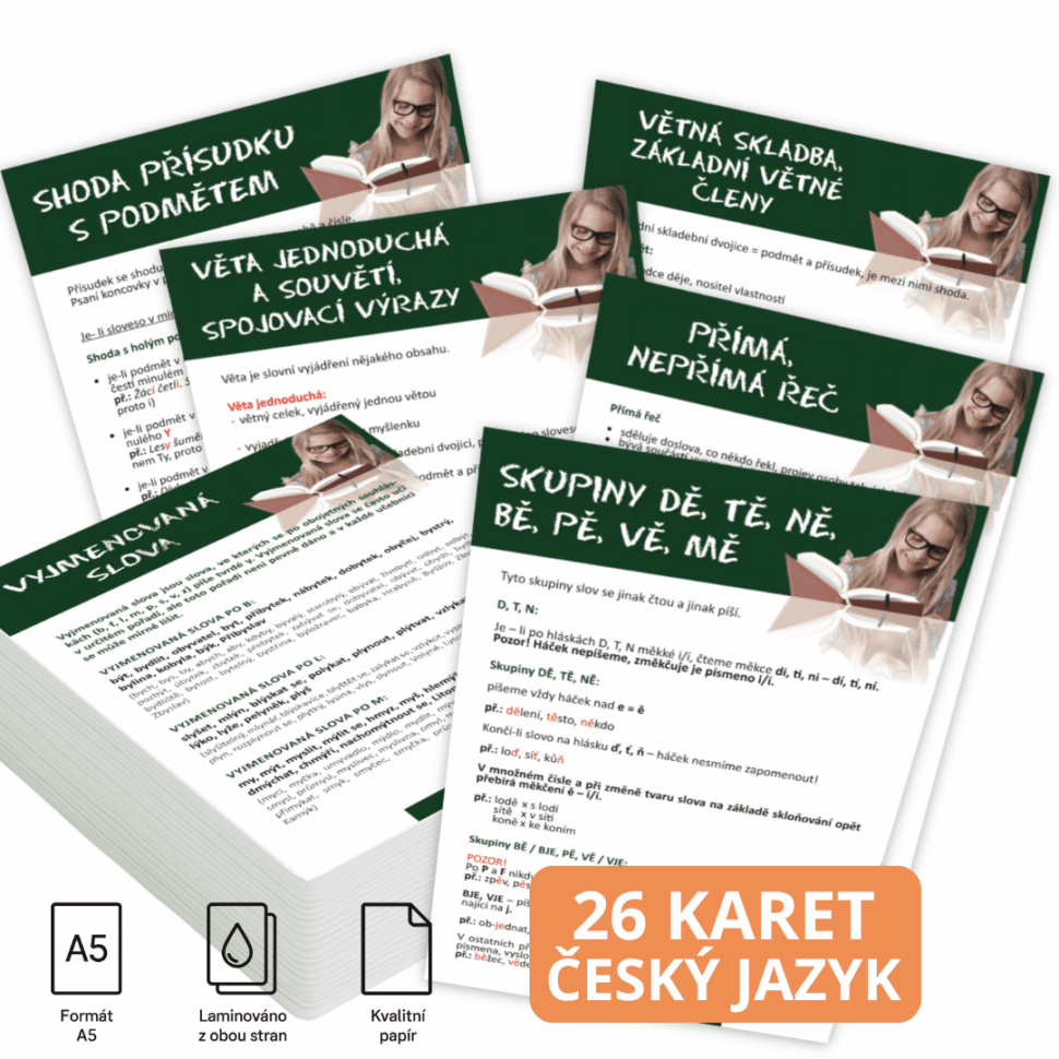 Učební karty Český jazyk – balíček 26 karet pro 2.–5. třídu, přehledné kartičky pro domácí přípravu